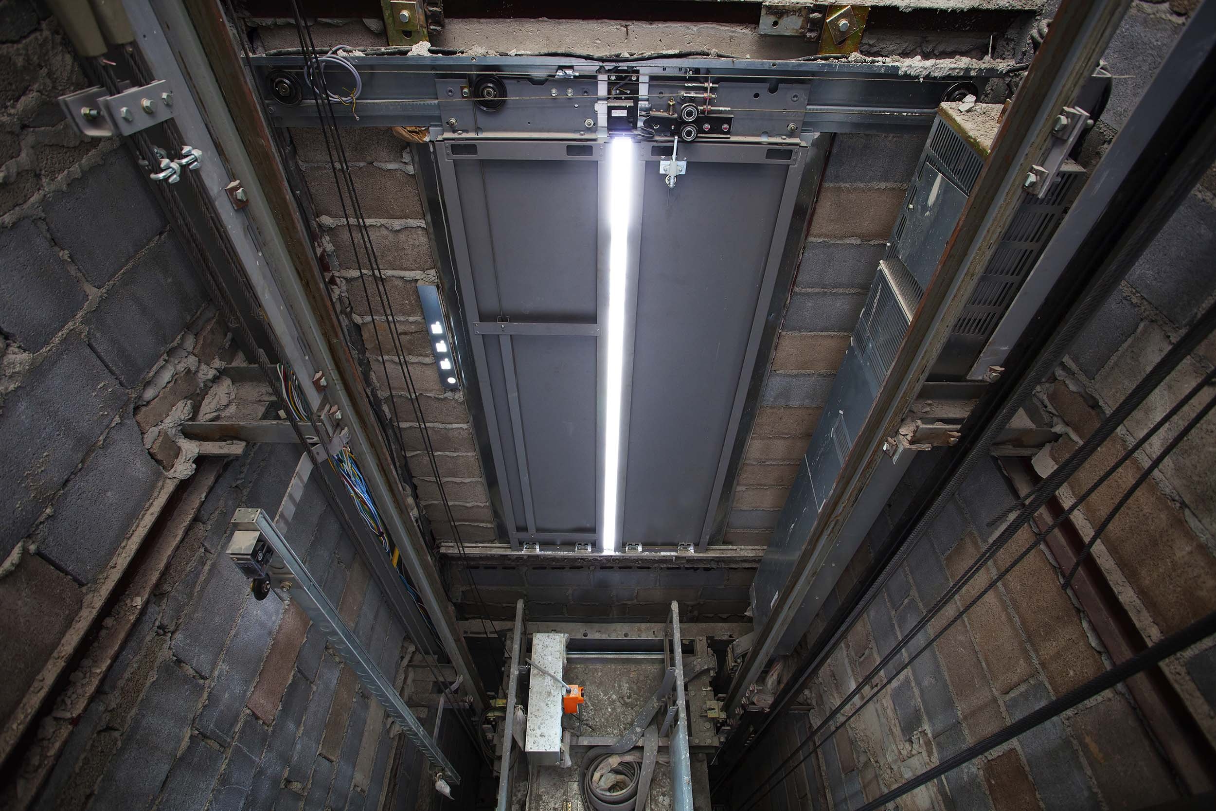 inside of roping Elevator, Lift box builting in high building show strong structure use for engineering construction and industrial object